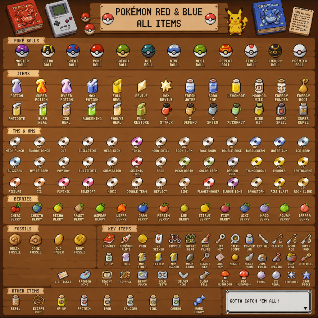 Pokémon Red and Blue All Game Items guide screenshot