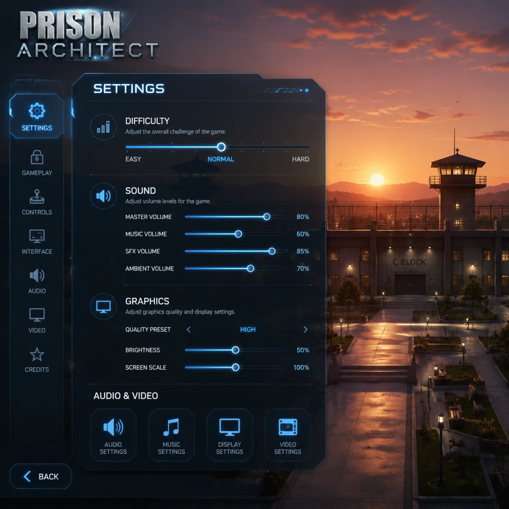 Prison Architect Game Settings guide screenshot