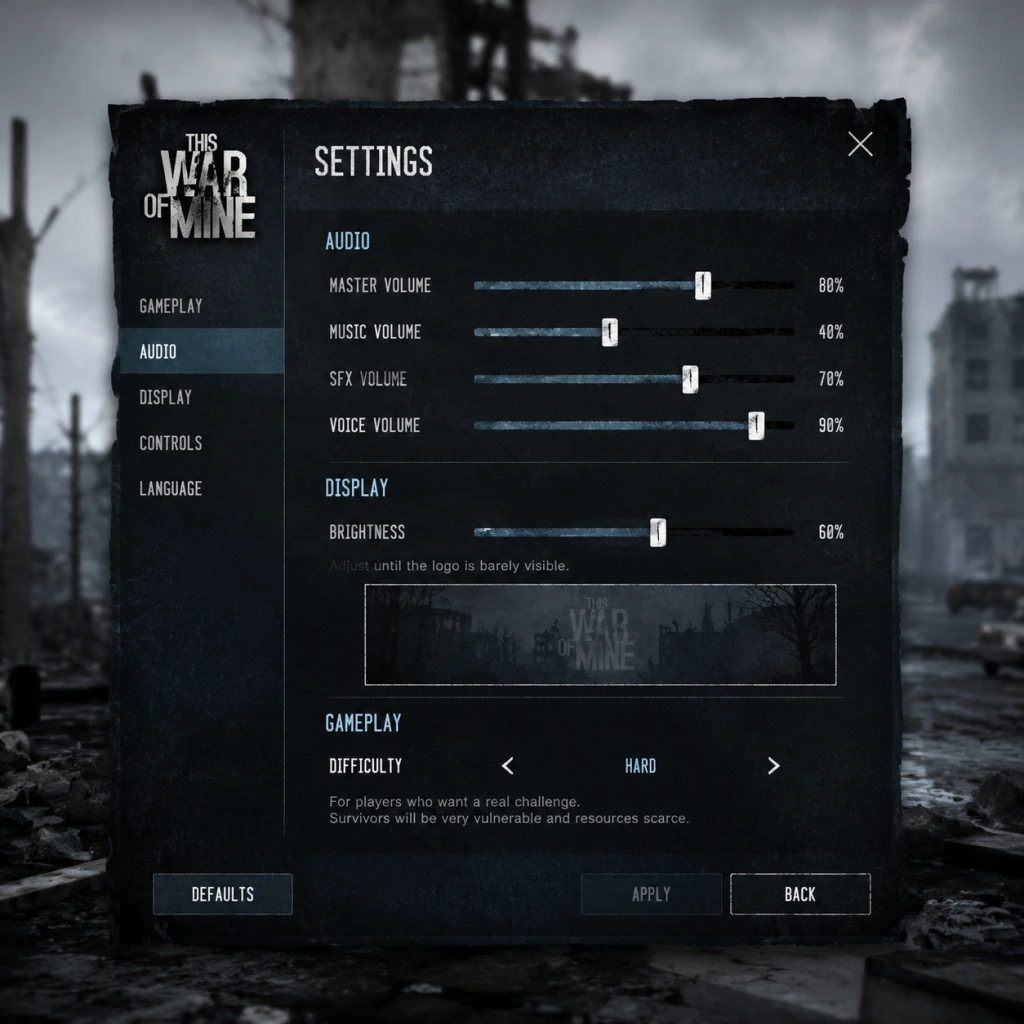 This War of Mine Game Settings guide screenshot