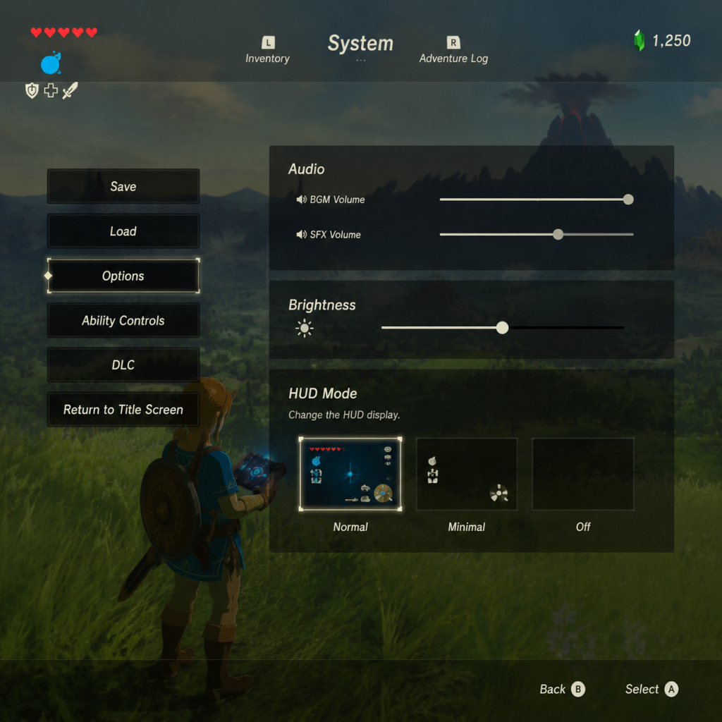 The Legend of Zelda: Breath of the Wild Game Settings guide screenshot