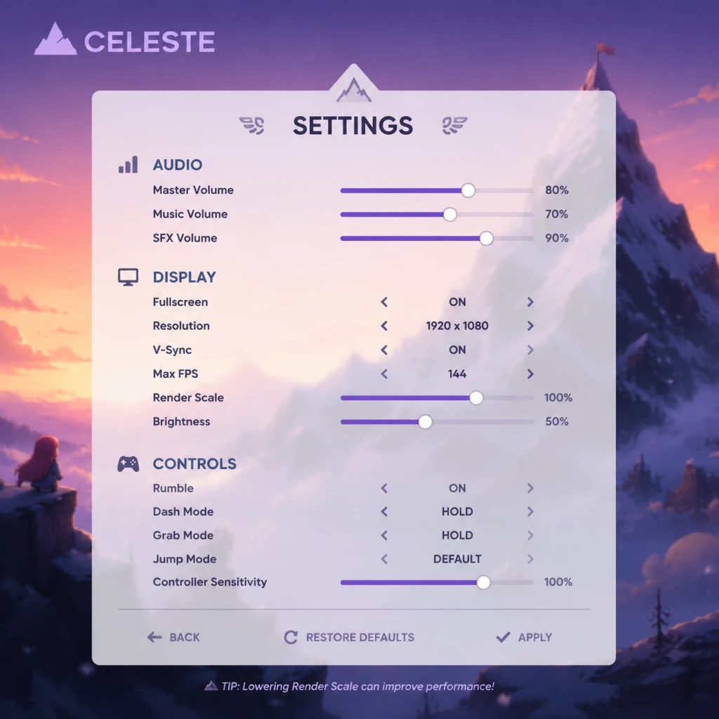 Celeste Game Settings guide screenshot