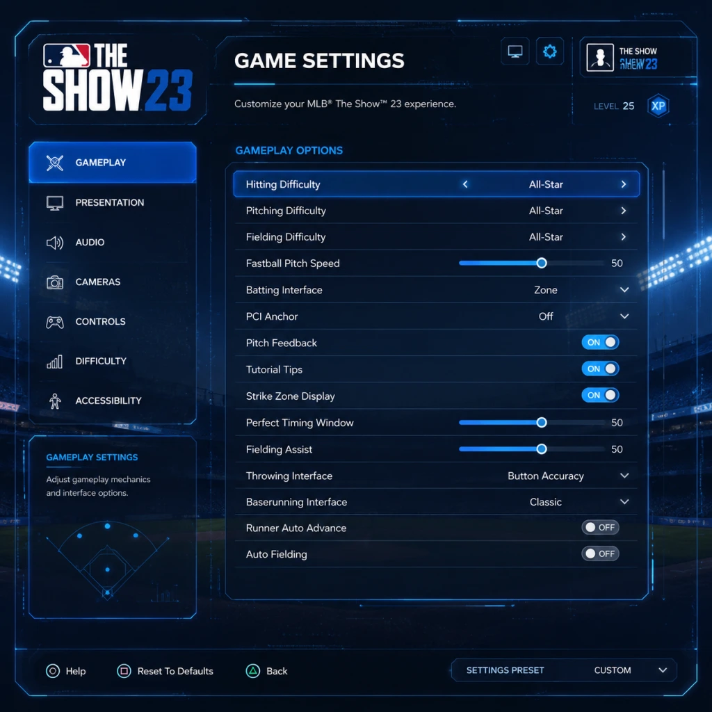 MLB The Show 23 Game Settings guide screenshot
