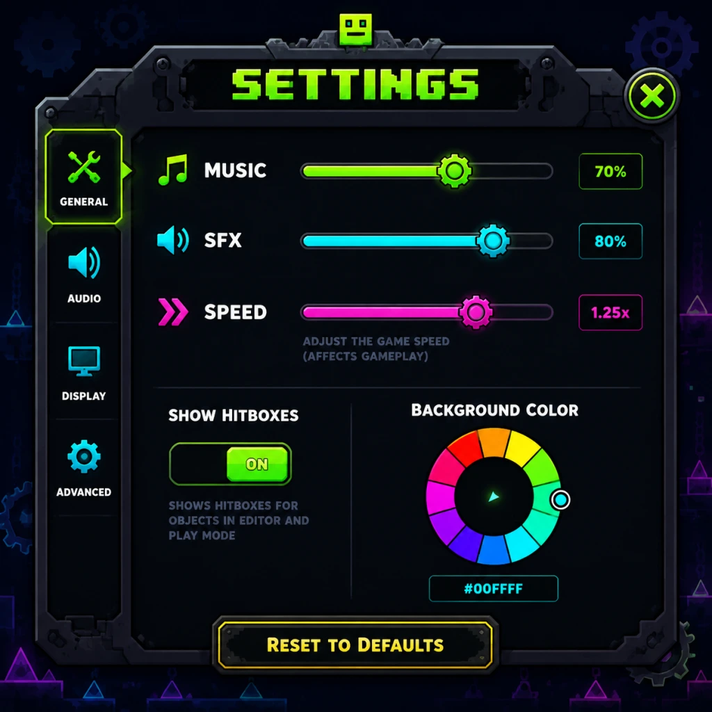Geometry Dash Game Settings guide screenshot