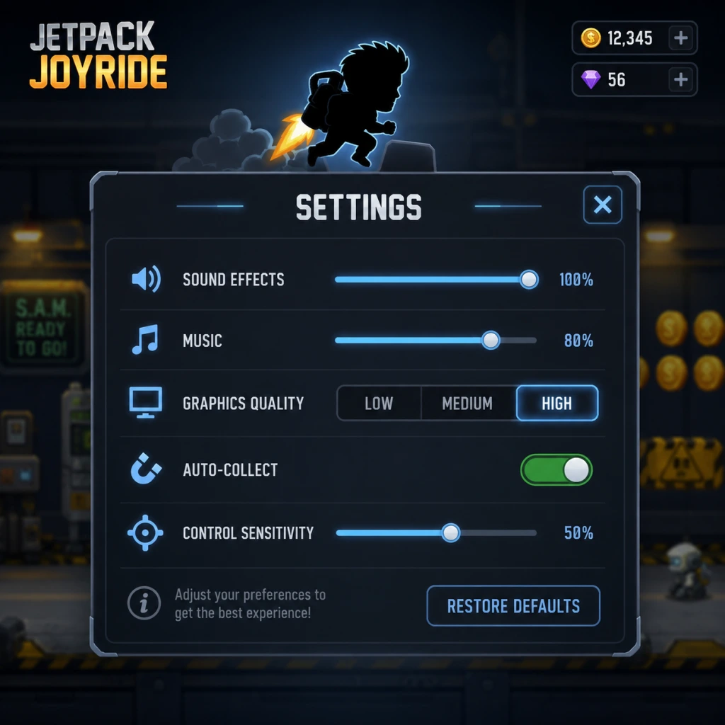 Jetpack Joyride Game Settings guide screenshot