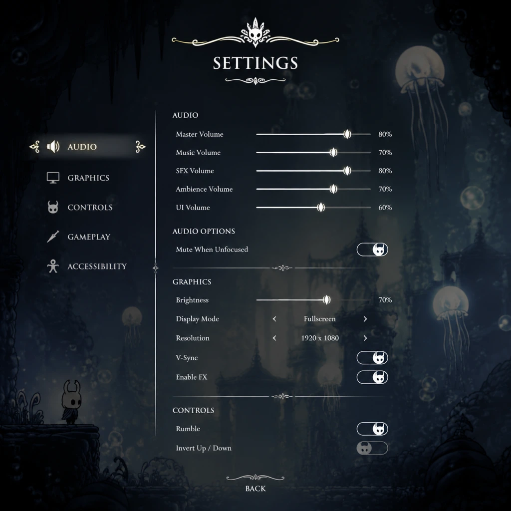 Hollow Knight Game Settings guide screenshot